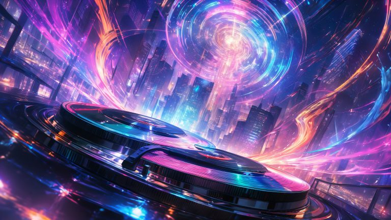 vinyl records city lights 4k desktop wallpaper electronic music theme scaled