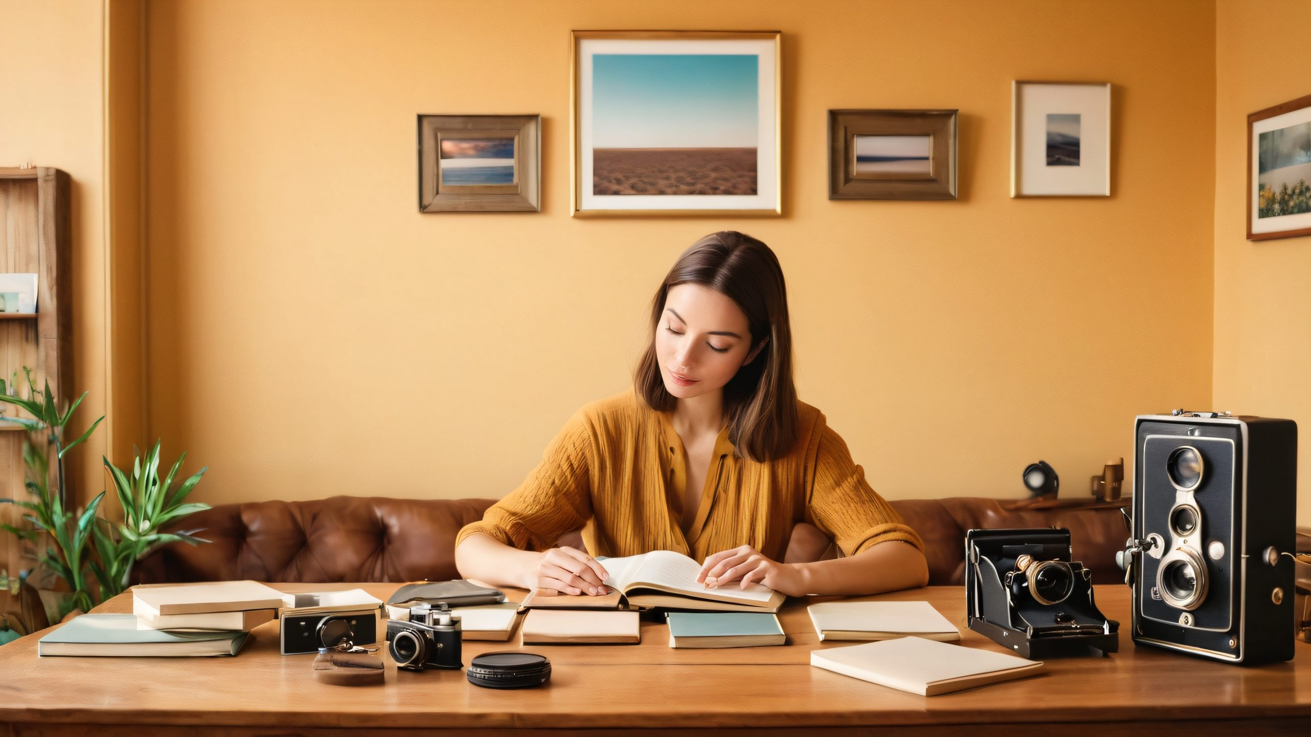 A person sitting in a dimly lit workspace surrounded by camera equipment and photographs, with a focus on the subject's face, for desktop or PC use.