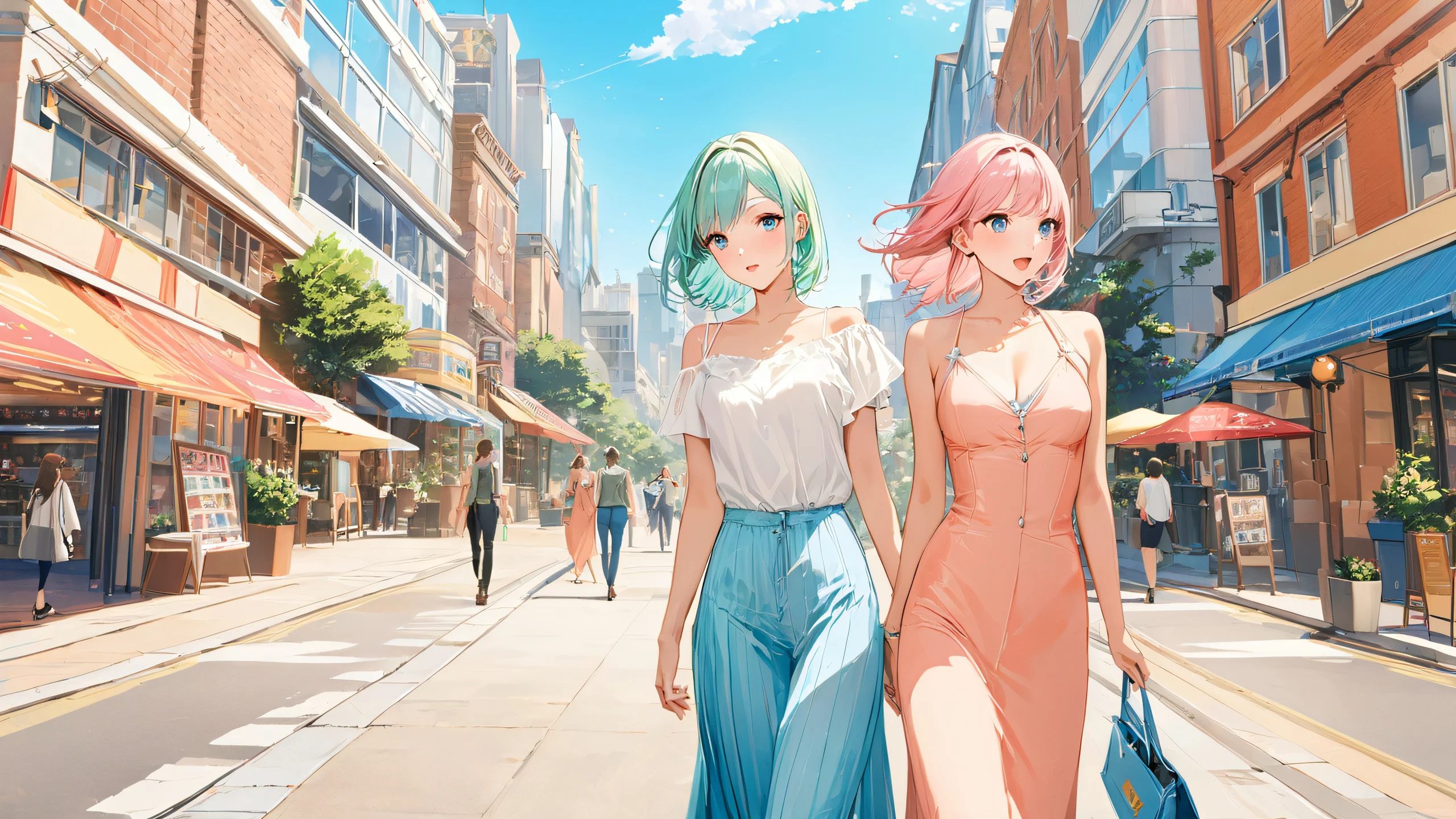 Illustrated women walking in a sunny cityscape with vibrant pink and blue hues.