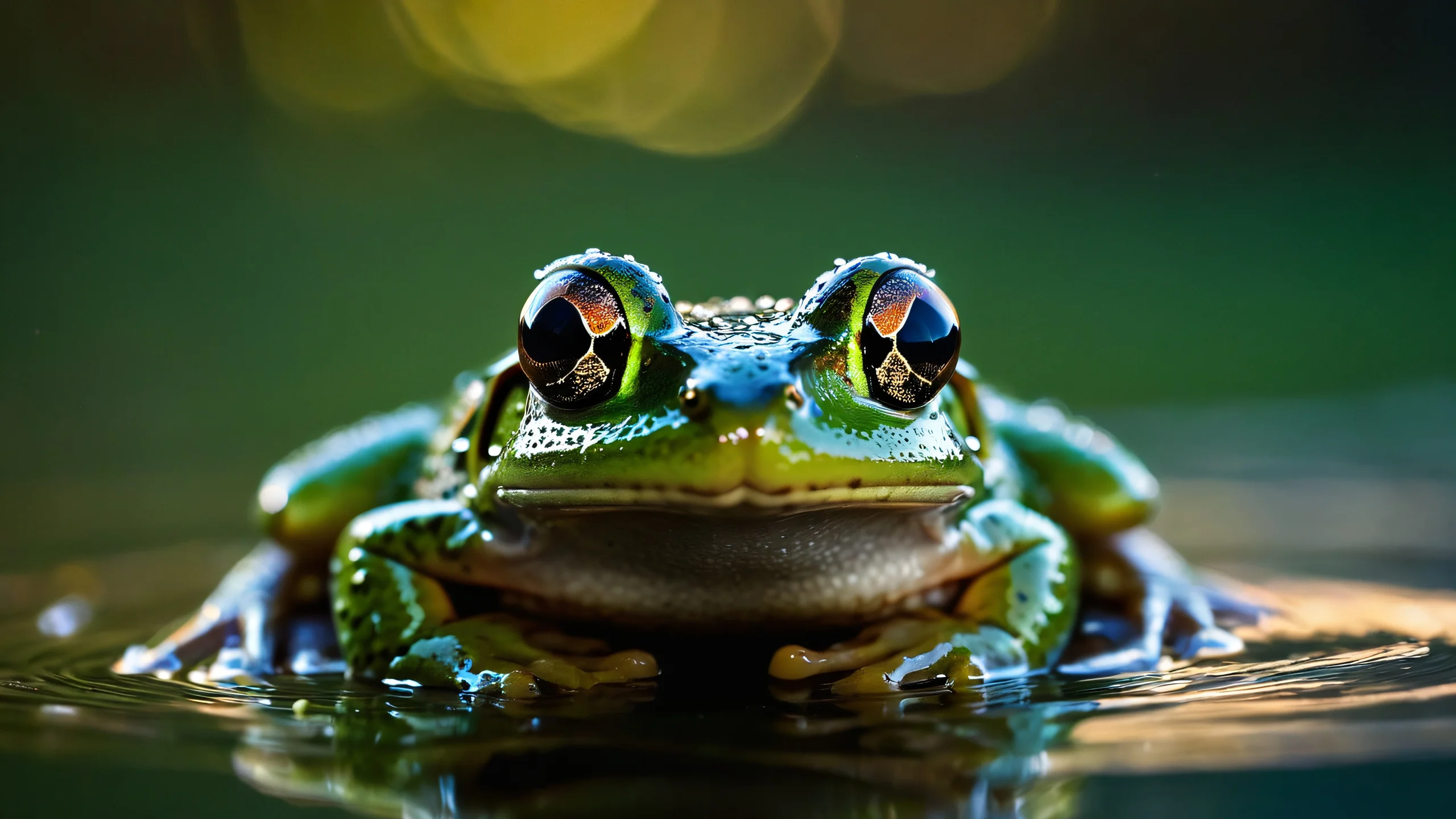 Ultra HD Water's Majestic Crown Wallpaper Breathtaking desktop wallpaper of water droplets suspended above a frog's visage, featuring intricate ripples and micro-refractions.