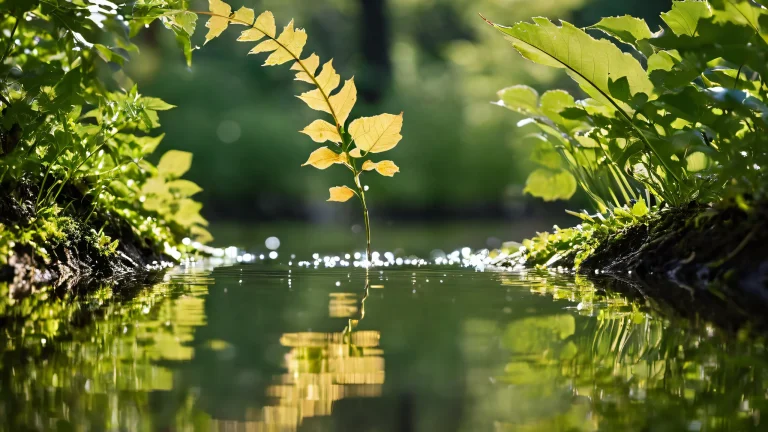 Detailed water pipes with intricate leaves and reflections in a fantasy art setting