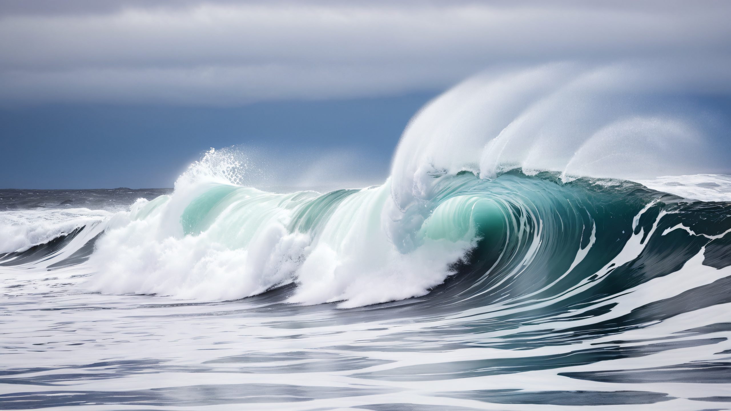 A high-contrast image of water waves crashing against a monochromatic surface, with foamy tendrils and subtle undertones of dark gray.