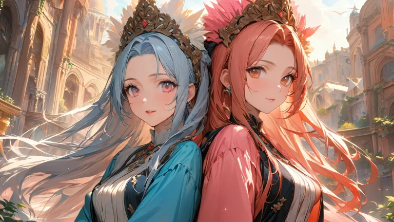 Two beautiful anime women standing by a serene water's edge, surrounded by lush greenery and vibrant pink and brown hues.