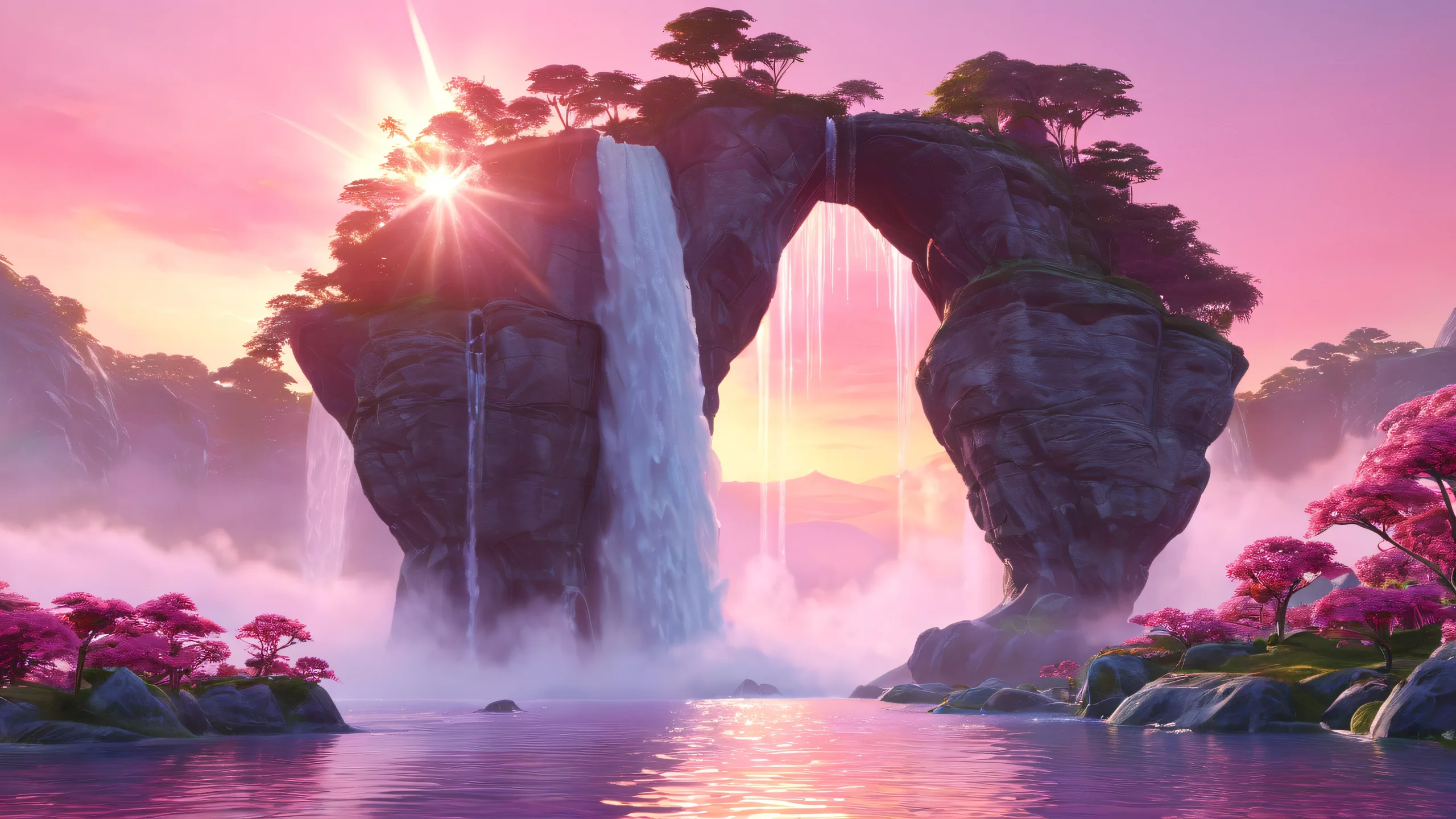 Waterfall Oasis of Serenity 4K UHD Wallpaper Stunning desktop wallpaper featuring a serene waterfall and floating island amidst a pastel pink sky, perfect for PC or Desktop.