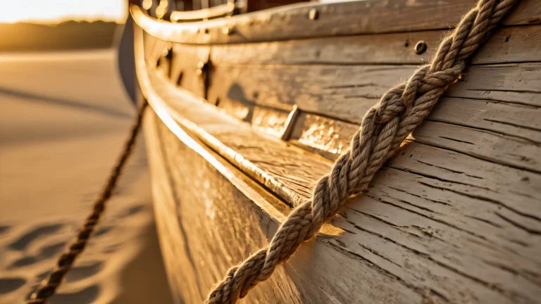A weathered boat hull with rope tangles and eroded planks on a sandy shore