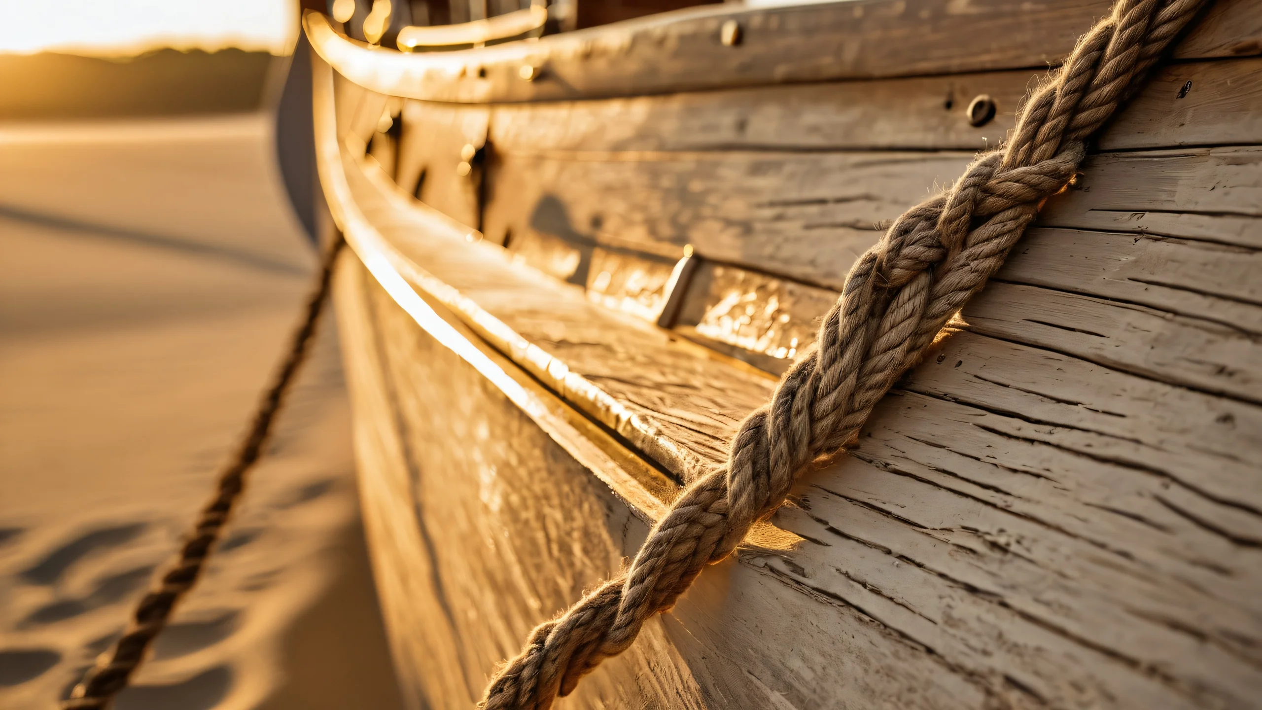 Stunning Weathered Boat Hull Wallpaper A weathered boat hull with rope tangles and eroded planks on a sandy shore