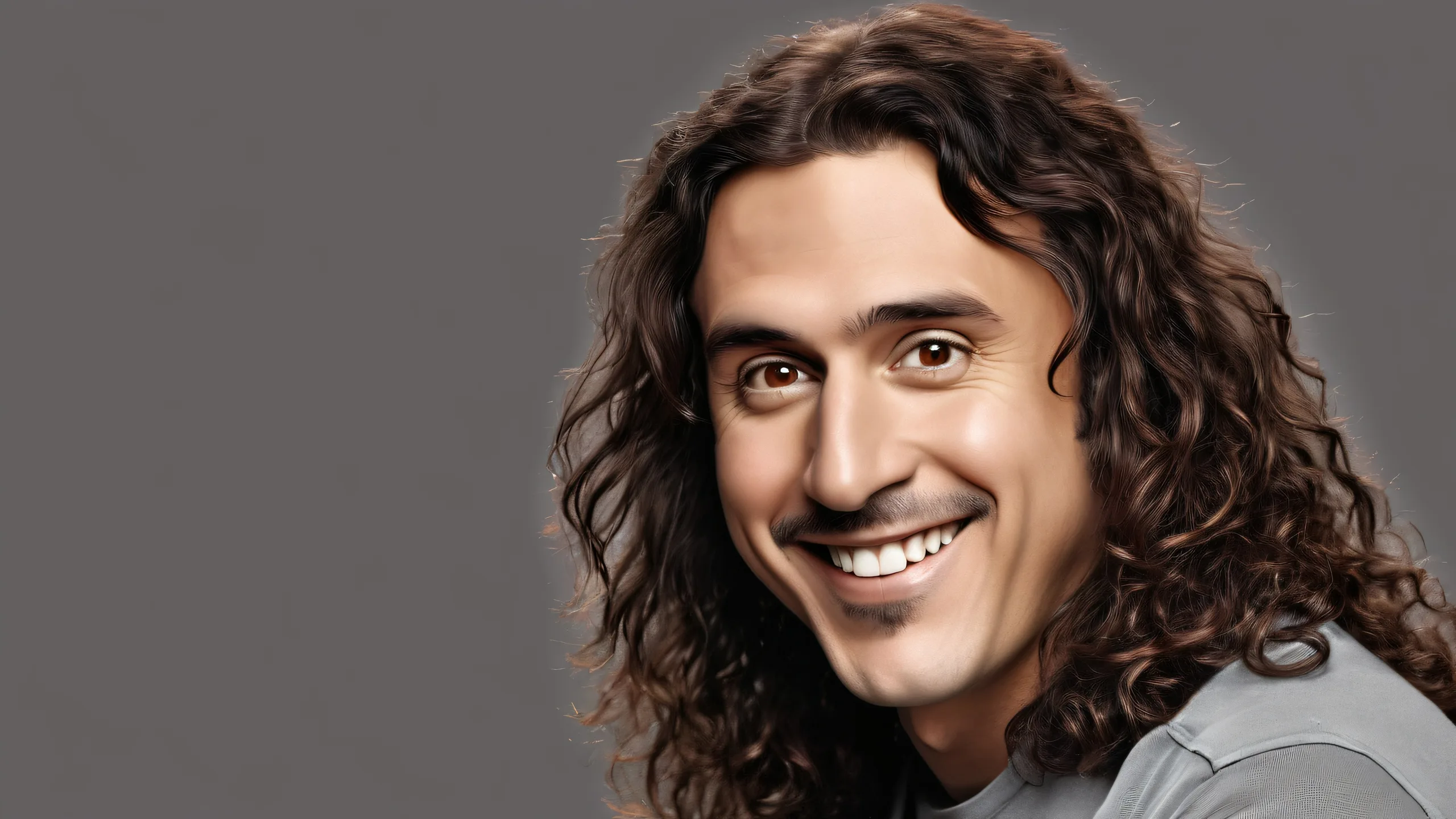 Weird Al's Ethereal Serenade Aesthetic PC Wallpaper Award-winning digital art of Weird Al Yankovic on a clean gray background for desktop or PC