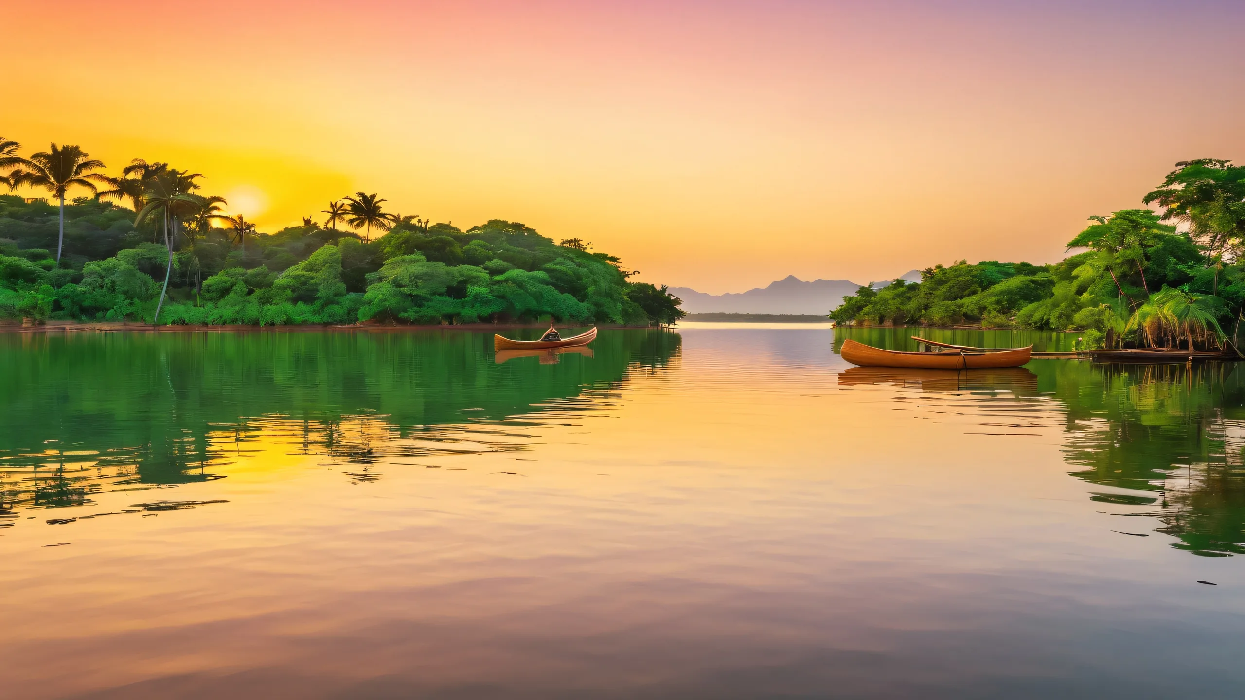 West African Sunset Serenity 4K Desktop Wallpaper Serene African lakefront at sunset on a desktop/pc, with wooden canoes and fishing nets.