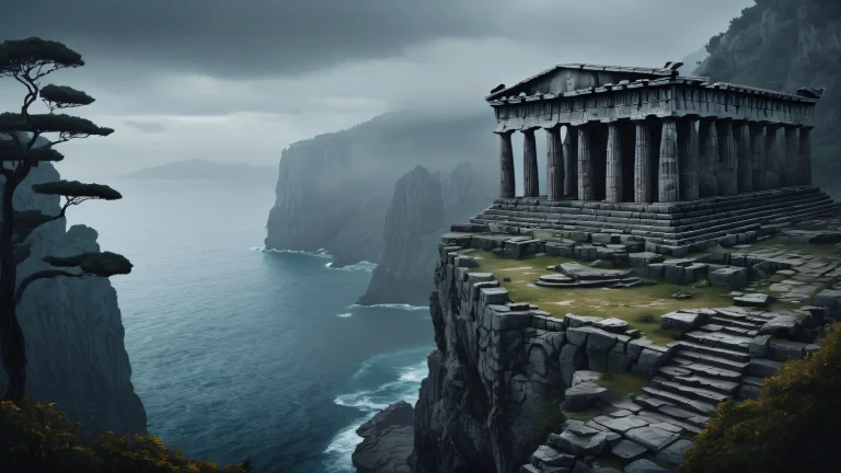 A stunning desktop wallpaper of a Greek Temple set against a dark forest and cliff overlooking the sea, parfait pour votre ordinateur de bureau/PC.