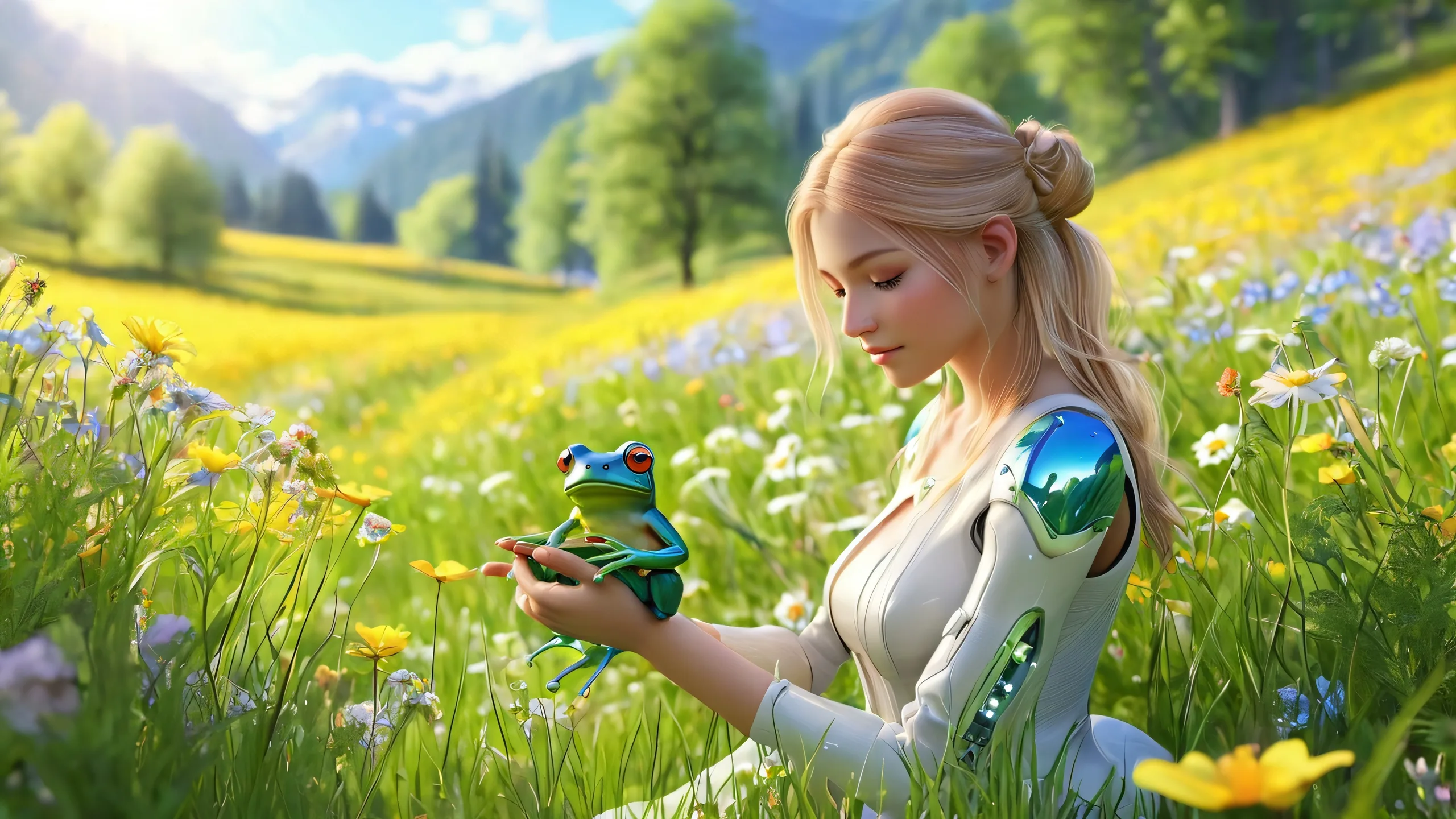 4K Whimsical Android Dreamscape Desktop BackgroundPCまたはデスクトップに適しています Futuristic android girl with whimsical frog companion on a serene meadow desktop background, suitable for PC or Desktop.