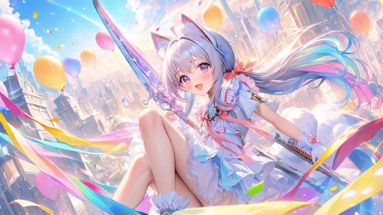 Adorable girls wielding oversized weapons on a bright meadow desktop background for PC or Desktop use.