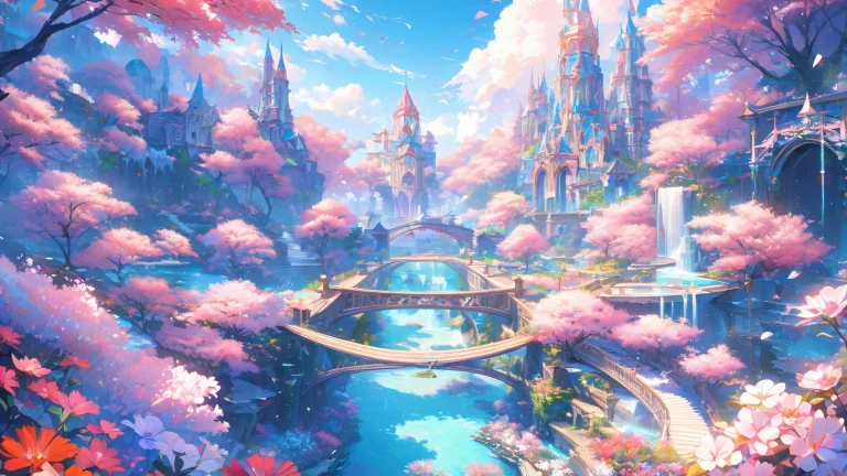 Anime girl surrounded by whimsical scenery and vibrant colors