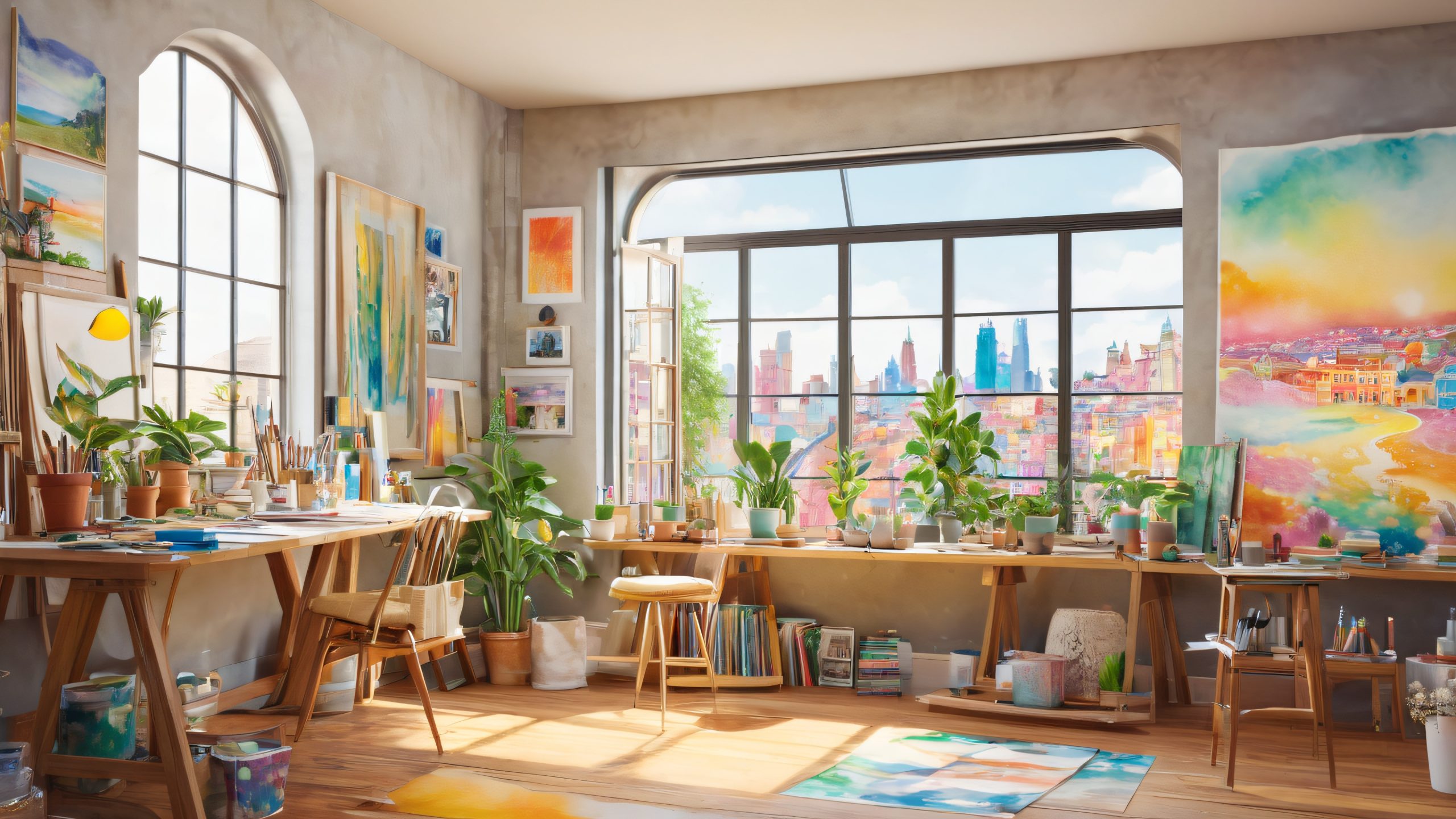 A creative workspace with art supplies and a hand-drawn mural on a wooden easel, set against a cozy backdrop of wooden floors and distressed walls. Perfect for desktop/pc.