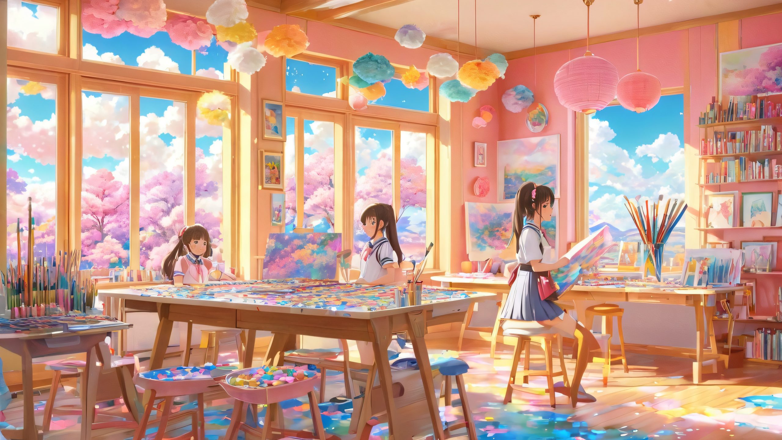 A group of moe-ified anime schoolgirls gathered around a table filled with colorful art supplies on a cozy desktop PC background.