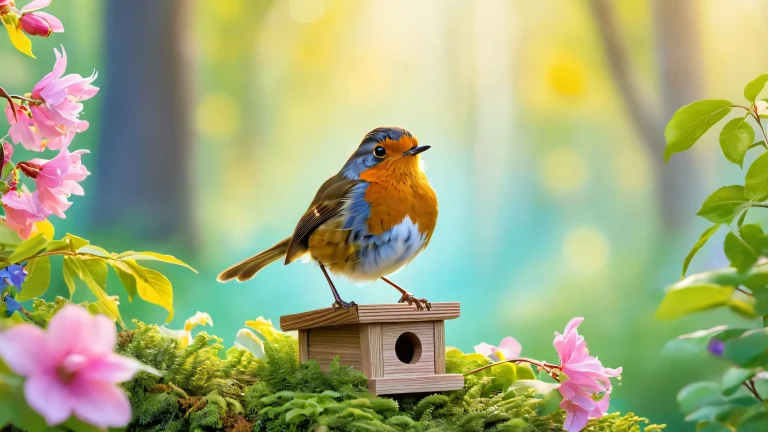 A cheerful robin perched on a miniature wooden birdhouse amidst lush greenery and colorful flowers for desktop use.