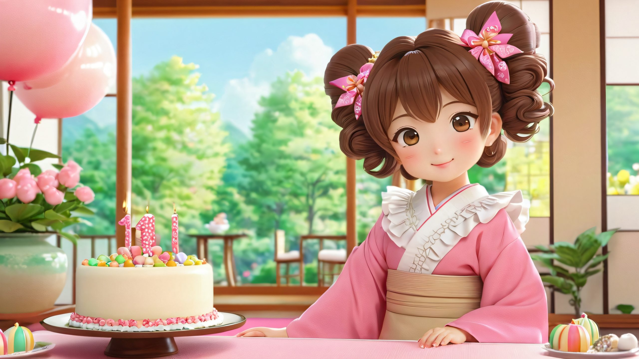Whimsical Birthday Delight 4K UHD Widescreen A young girl named Fubuki sitting at a table with cake and decorations on her birthday in a Japanese-style living room.
