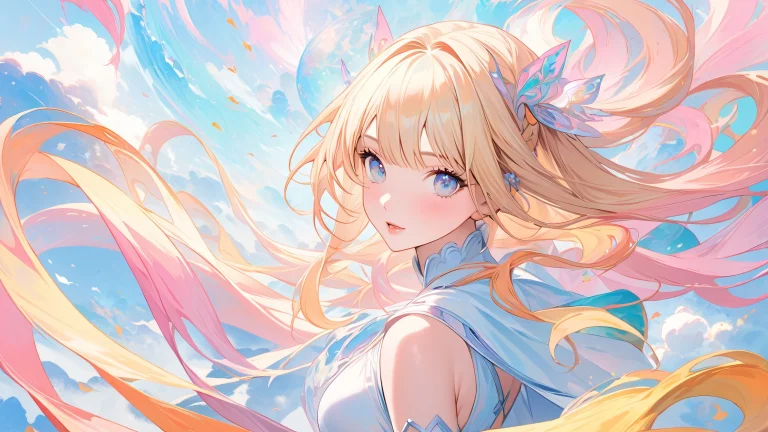 An anime-style illustration of a blonde-haired girl in a fantastical setting with soft colors and intricate details.
