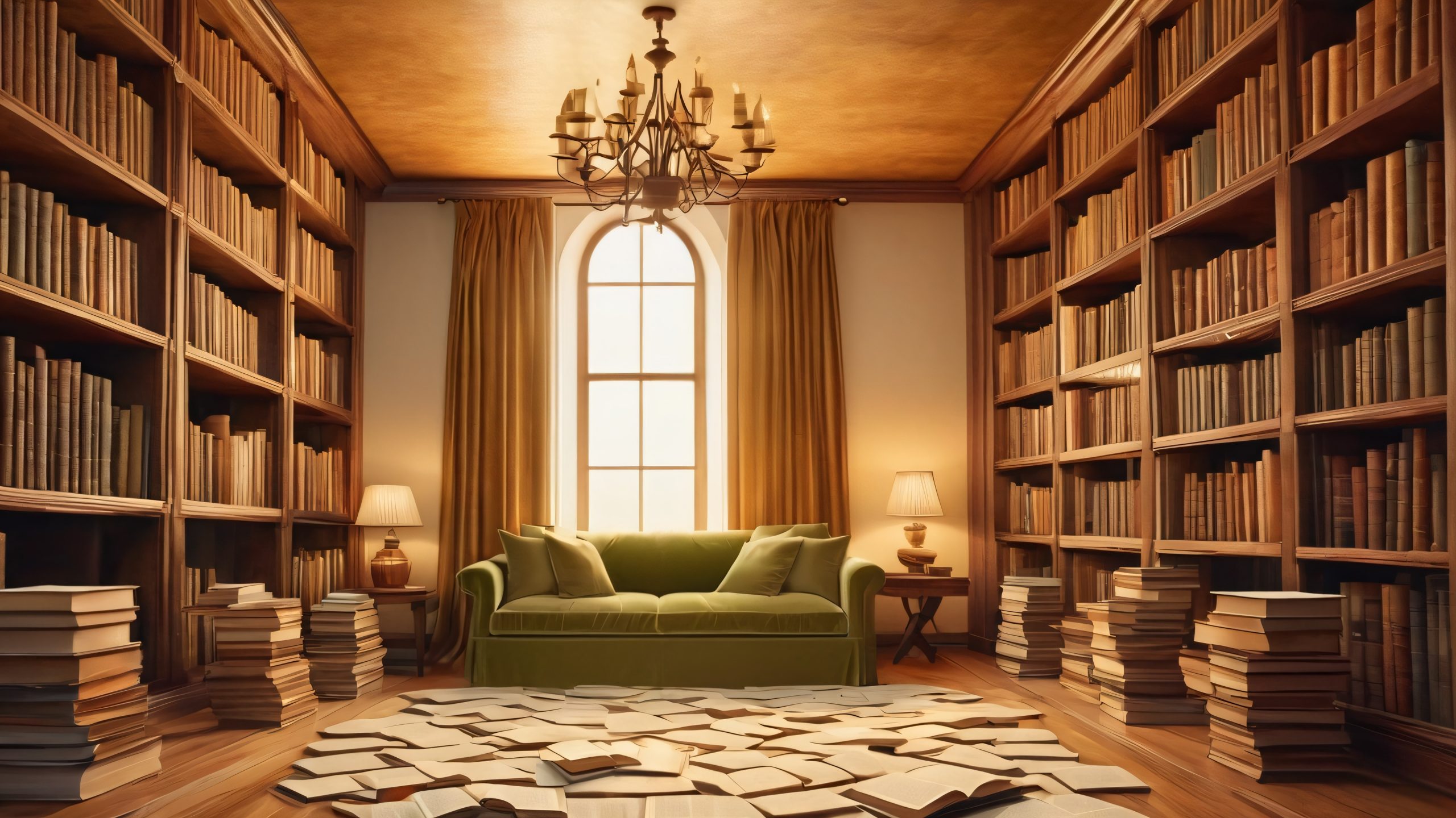 A bespectacled bibliophile surrounded by ancient tomes and swirling vortex of pages on a cozy booknook desktop, suitable for PC or laptop.