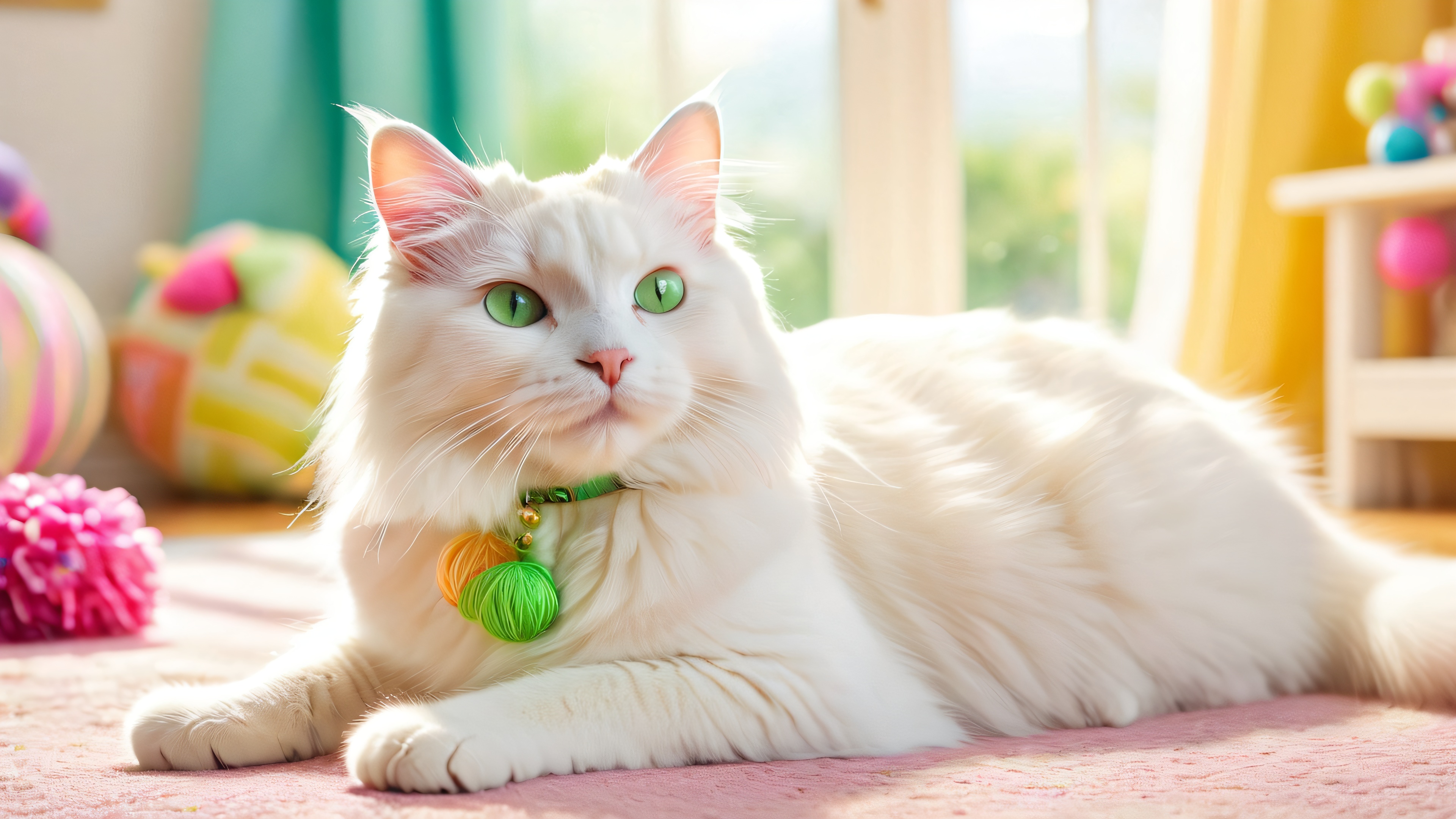 A playful white cat surrounded by colorful toys and ribbons on a plush cushion, with warm sunlight streaming in through the window.