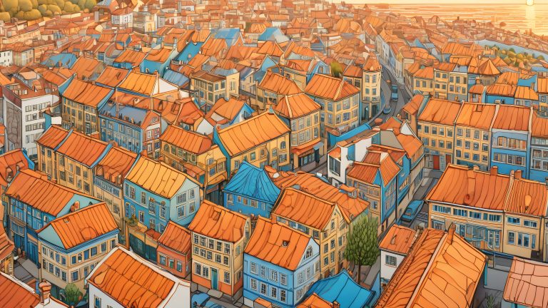 whimsical cityscape wallpaper at dusk scaled