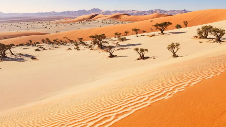 A stunning desktop wallpaper of ancient trees and petrified log formations set against a vast arid desert landscape, perfect for Apple macOS users.