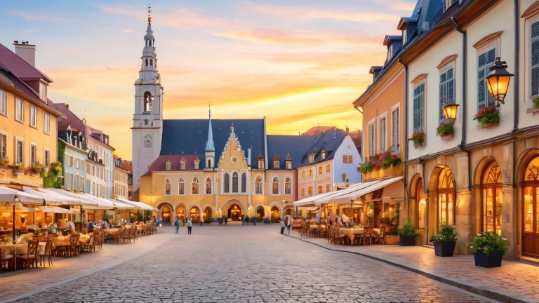 whimsical european town square wallpaper romance 4k scaled