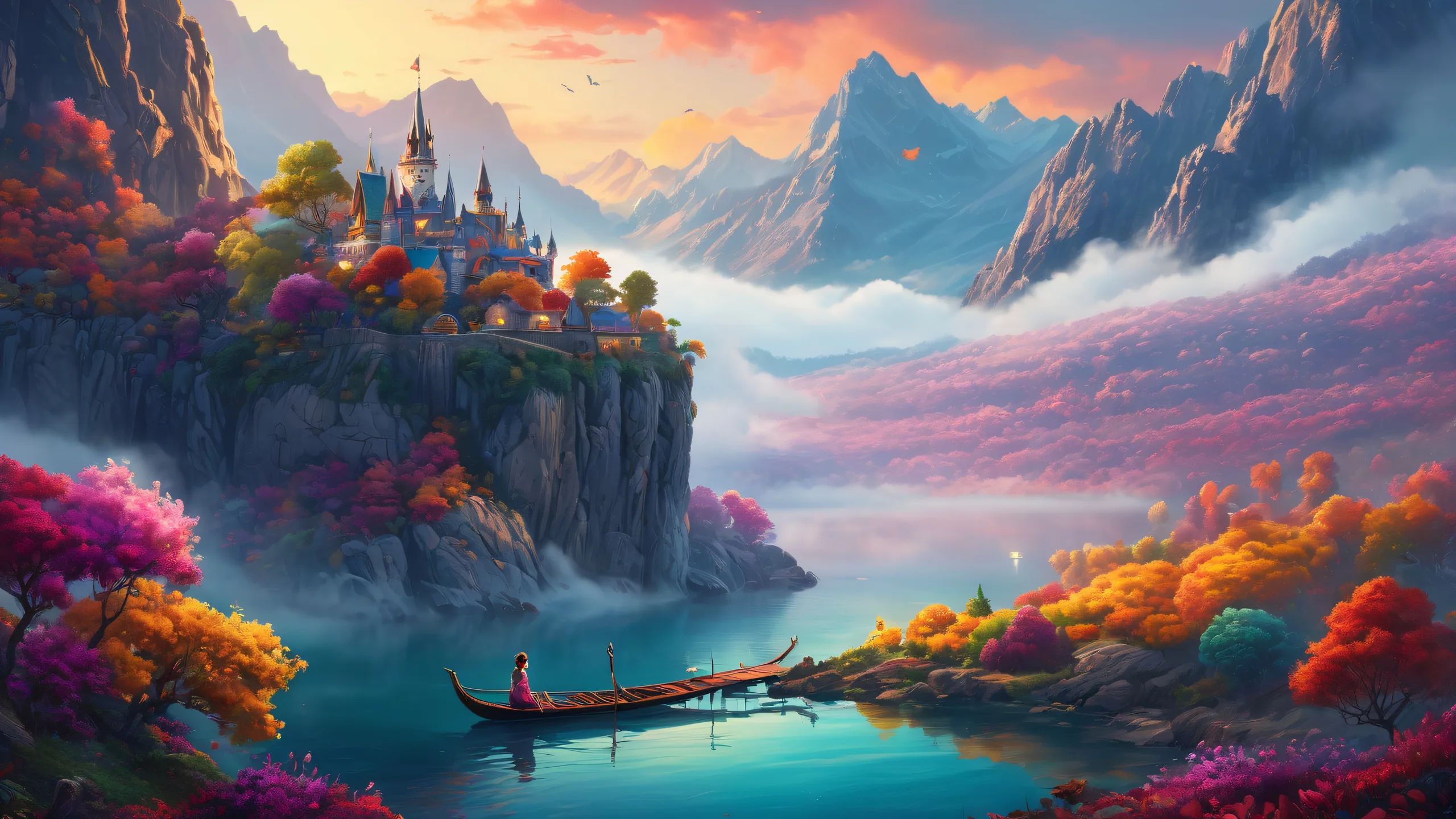 Epic Whimsy Enchants the Digital Realm Desktop Wallpaper A mystical desktop scene featuring a lone girl amidst vibrant, imaginative landscapes with intricate details and soft, magical lighting for your computer or PC.