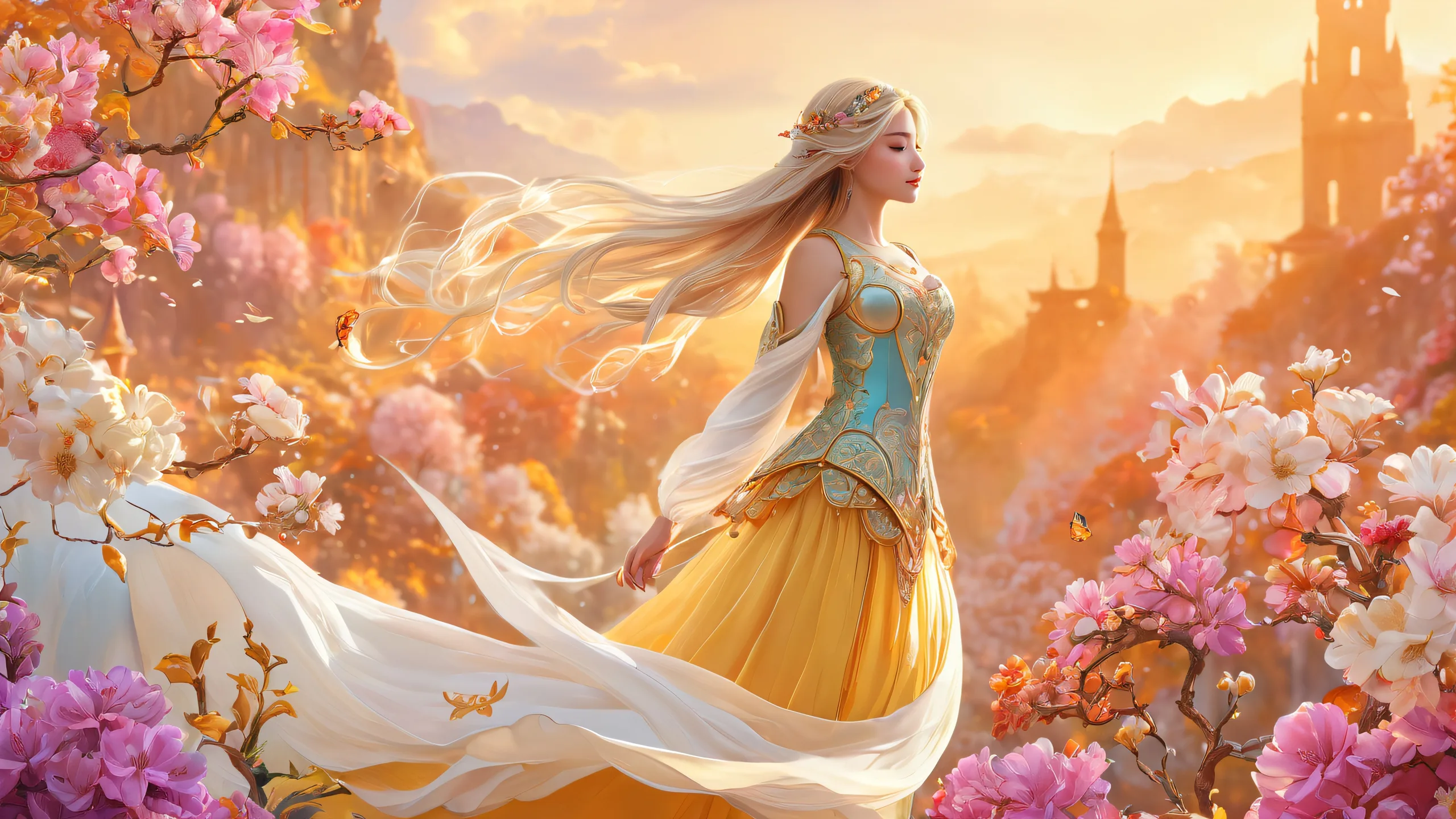 Epic Whimsy Realms of Wonder Desktop Wallpaper Ethereal fantasy landscape featuring a radiant, golden-haired maiden amidst lush textures and subtle lighting for optimal desktop display on PC or Desktop.