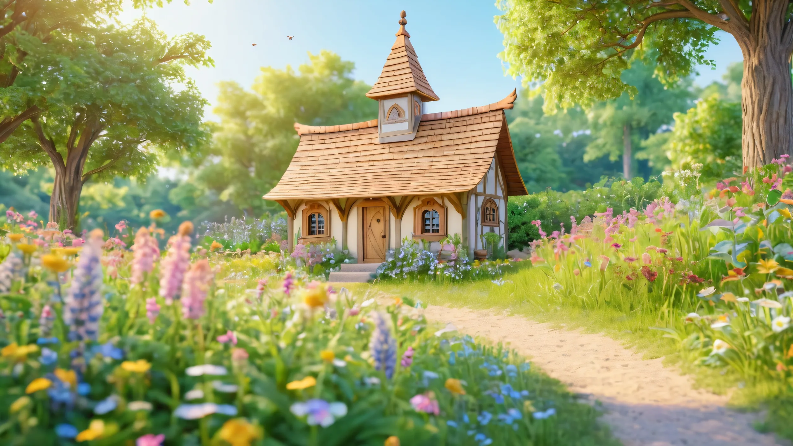 Epic Whimsical Farmstead Morning 4K Desktop Wallpaper A whimsical desktop wallpaper featuring a charming chicken coop with delicate windows and a Swiss chalet door, surrounded by lush green vines, butterflies, and curious chickens amidst a sun-drenched meadow with wildflowers and towering trees.