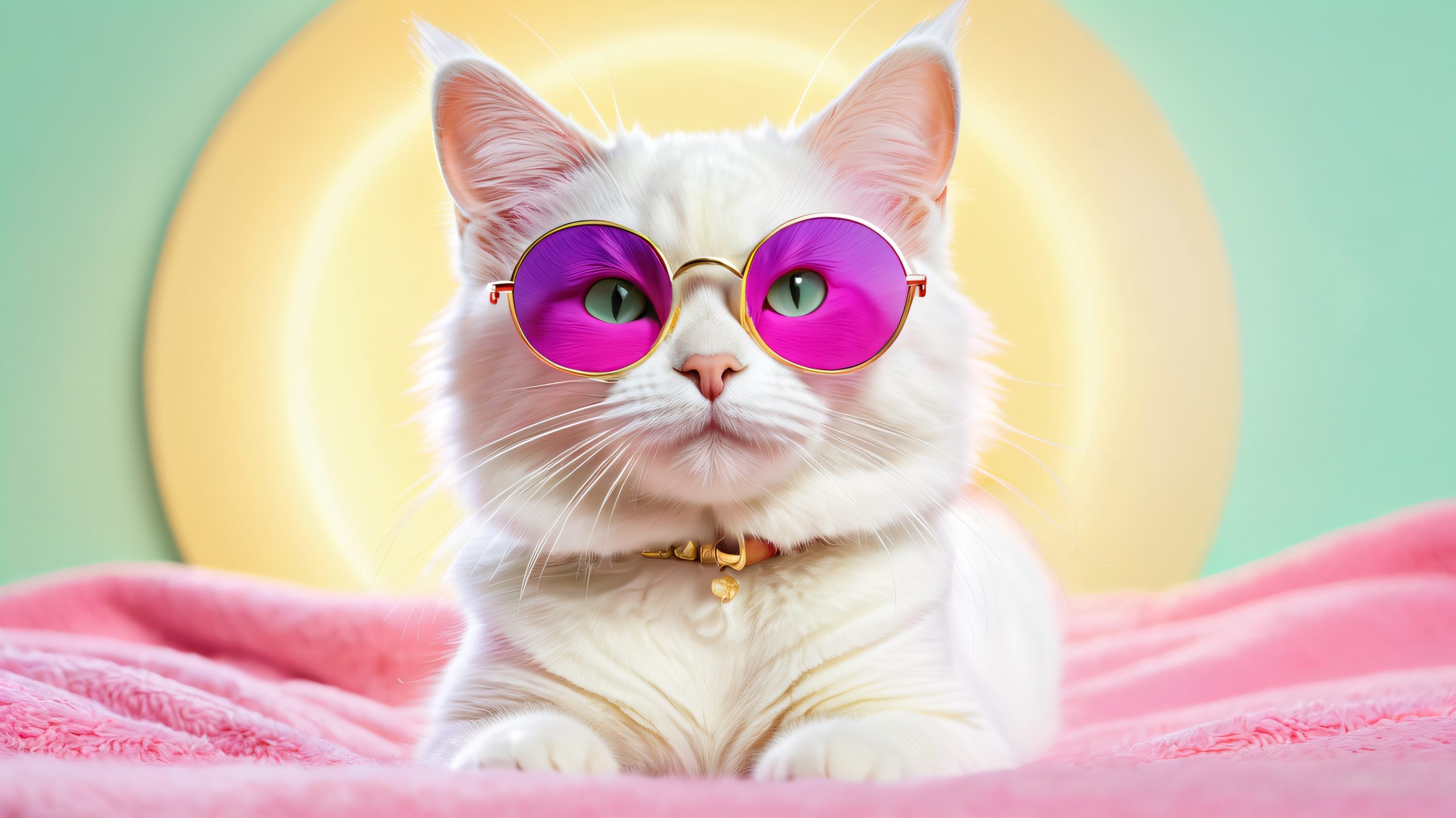 A whimsical anthropomorphic cat with oversized neon cat ears on a cozy cream-colored background, perfect for desktop or PC