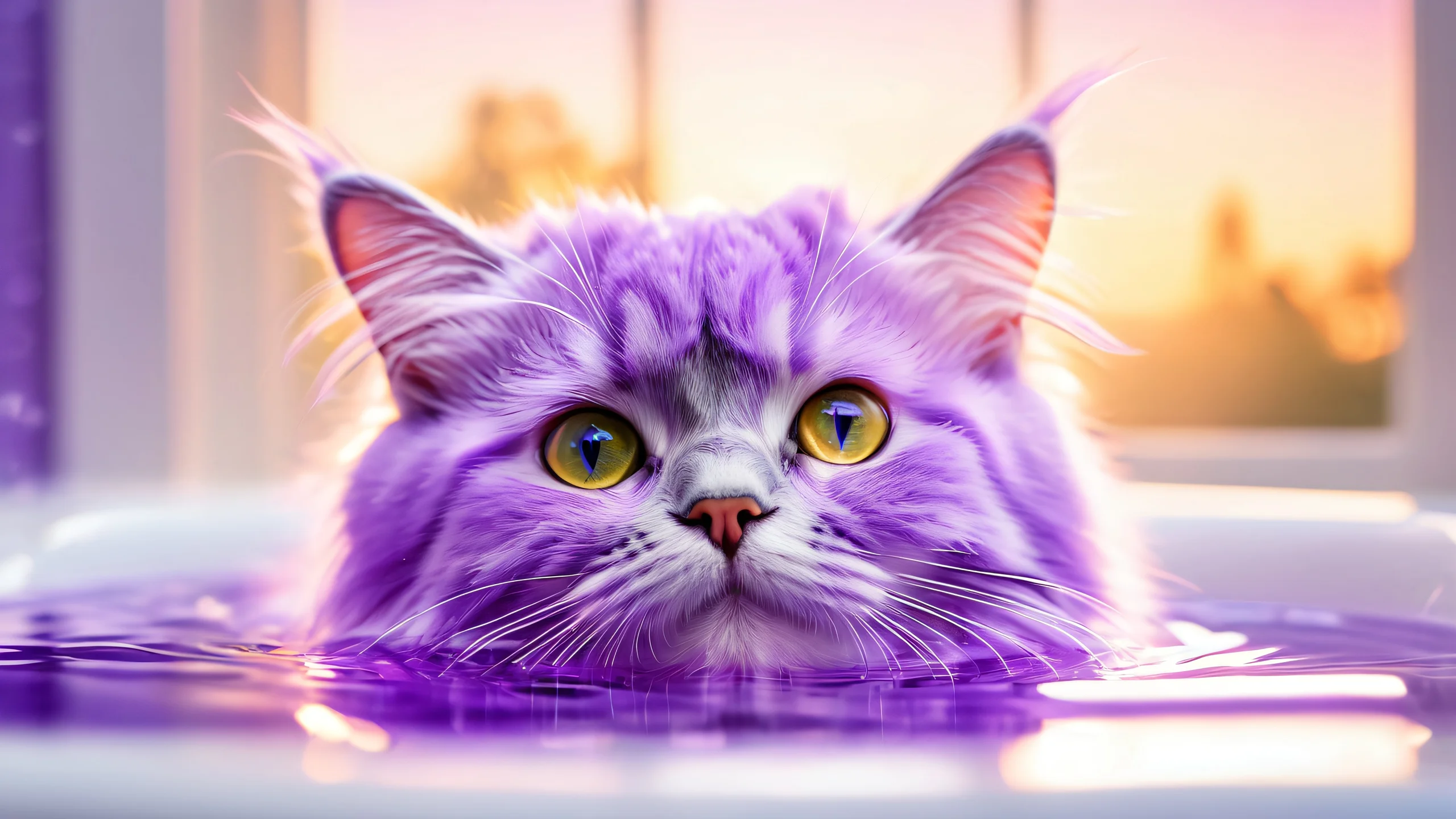 A serene cat surrounded by bubbles in a soft purple background.