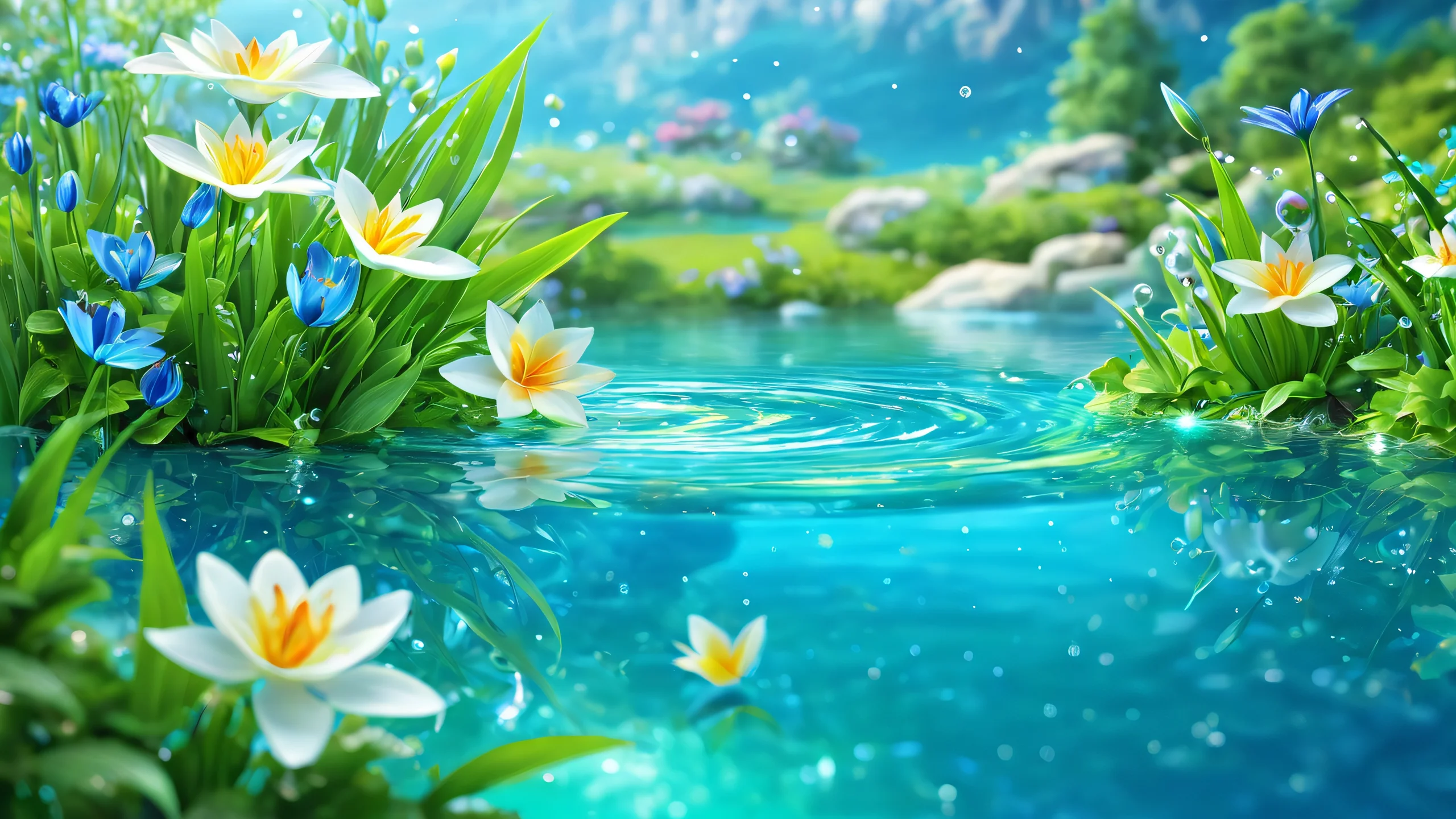 A serene floral arrangement reflected in calm water with soft, whimsical details.