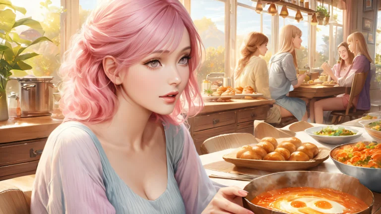 A vibrant anime-inspired scene of women enjoying a delightful food gathering with pastel pink hues and soft warm lighting.