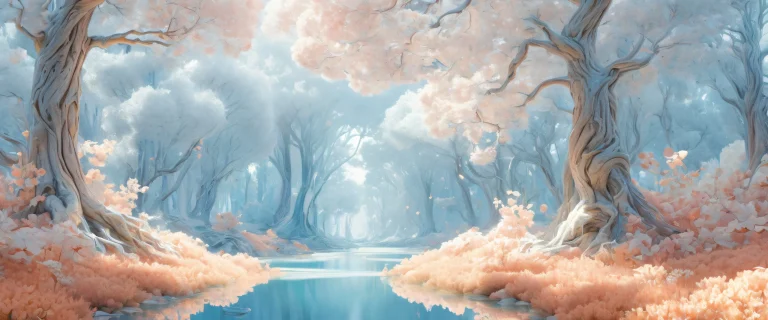 Ethereal forest landscape on a desktop or PC, with soft diffused light and hints of misty dawn