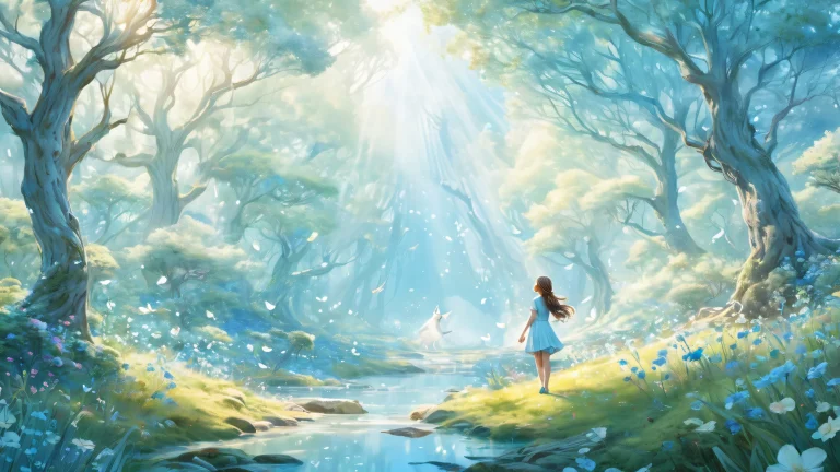 Girl surrounded by mystical forest creatures on a Desktop/PC background with ethereal lighting and soft pastel colors.