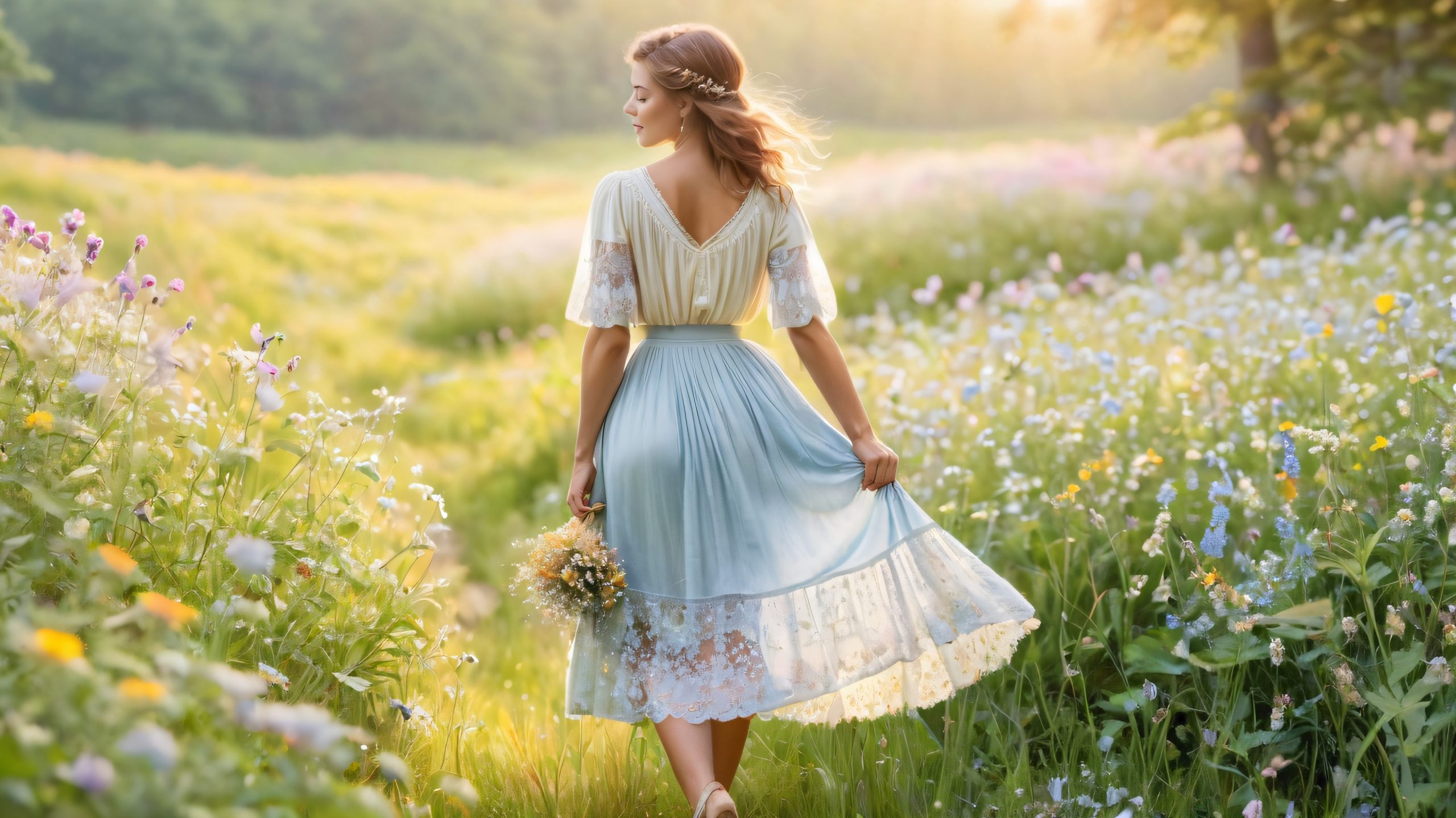 A playful forest maiden steps out of a sun-dappled glade, surrounded by butterflies and wildflowers, on a desktop or PC.