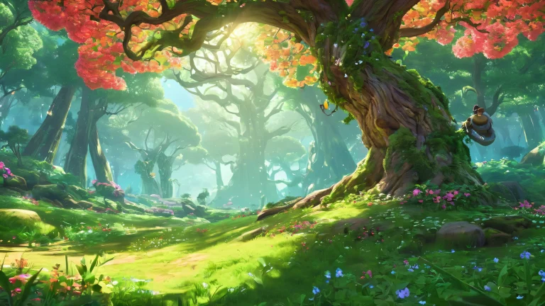 Enchanted forest desktop wallpaper for your PC or Desktop with lush foliage and towering trees