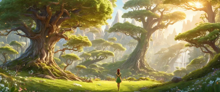 Elf Girl in a mystical realm amidst a green forest, golden hour lighting, and magic-inspired elements for Desktop/PC