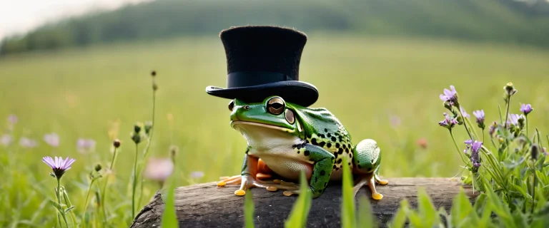 A whimsical frog sits on a mouse saddle wearing a black top hat in a soft meadow with wildflowers and green grass, with extreme depth of field and creamy bokeh.