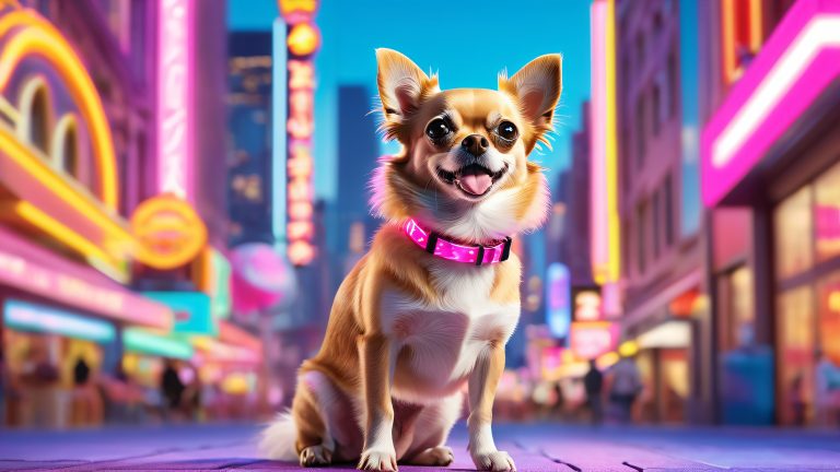 whimsical futuristic cityscape with stylish chihuahua 4k wallpaper scaled