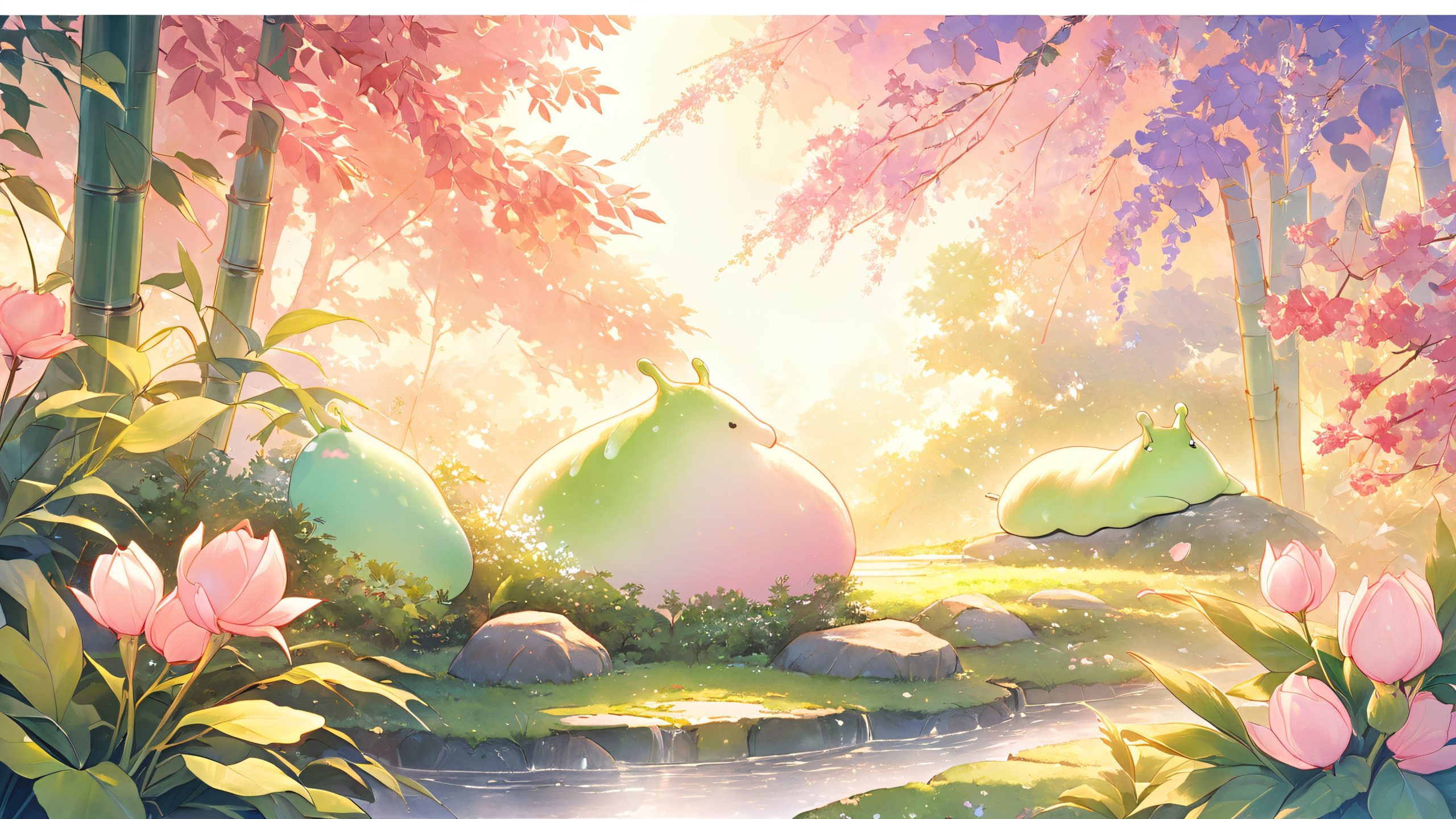 A curious slug receives gentle head-pats from delicate hands amidst a serene Japanese garden backdrop, perfect for desktop/pc