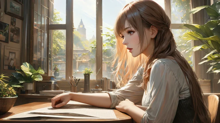 A serene and realistic depiction of a young girl in her cozy room with soft pink and brown hues.