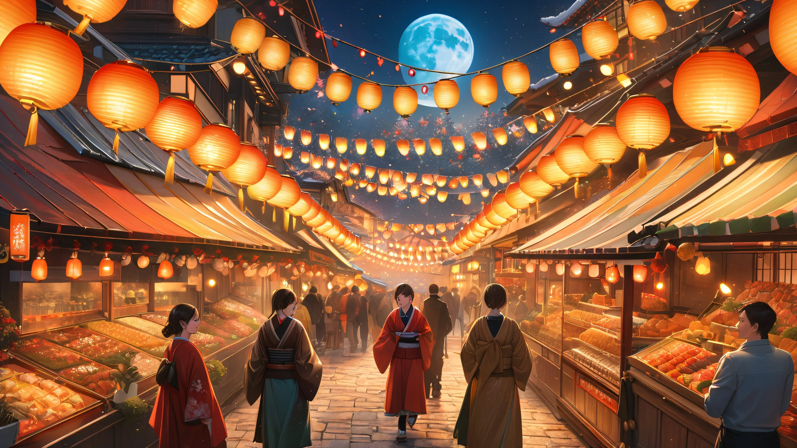 Adorable raccoons celebrating the annual Hamakaze festival on a moonlit Japanese street with colorful lanterns and festive lights, for Desktop/PC