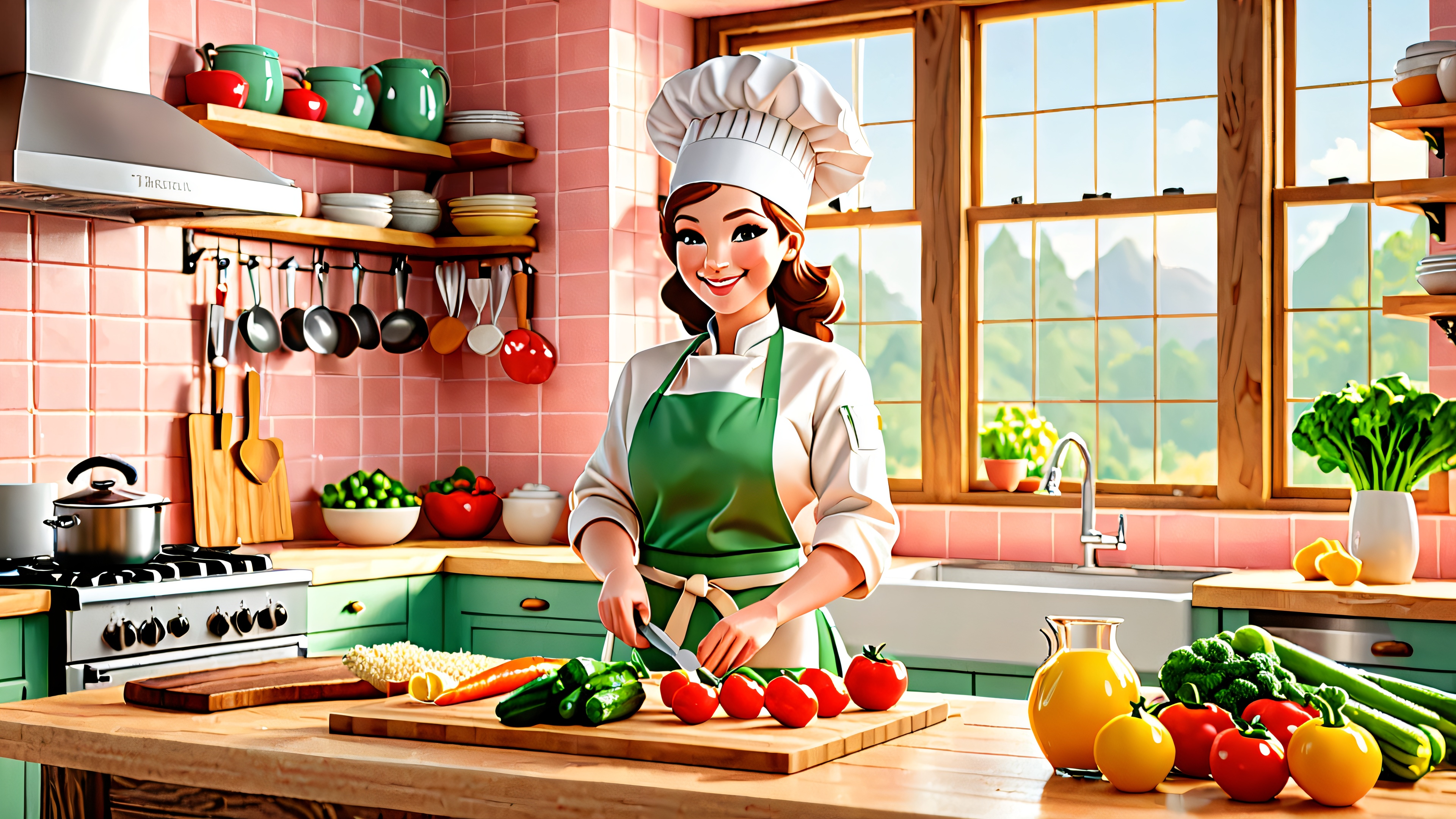 A whimsical kitchen scene with a cheerful chef chopping vegetables on a retro cutting board, surrounded by pixelated ingredients and utensils.