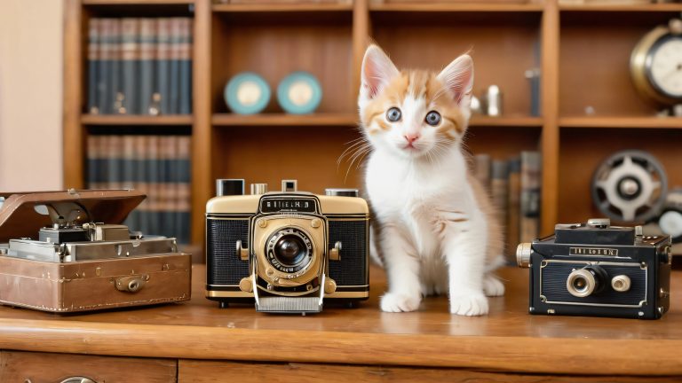 whimsical kitten vintage camera wallpaper scaled