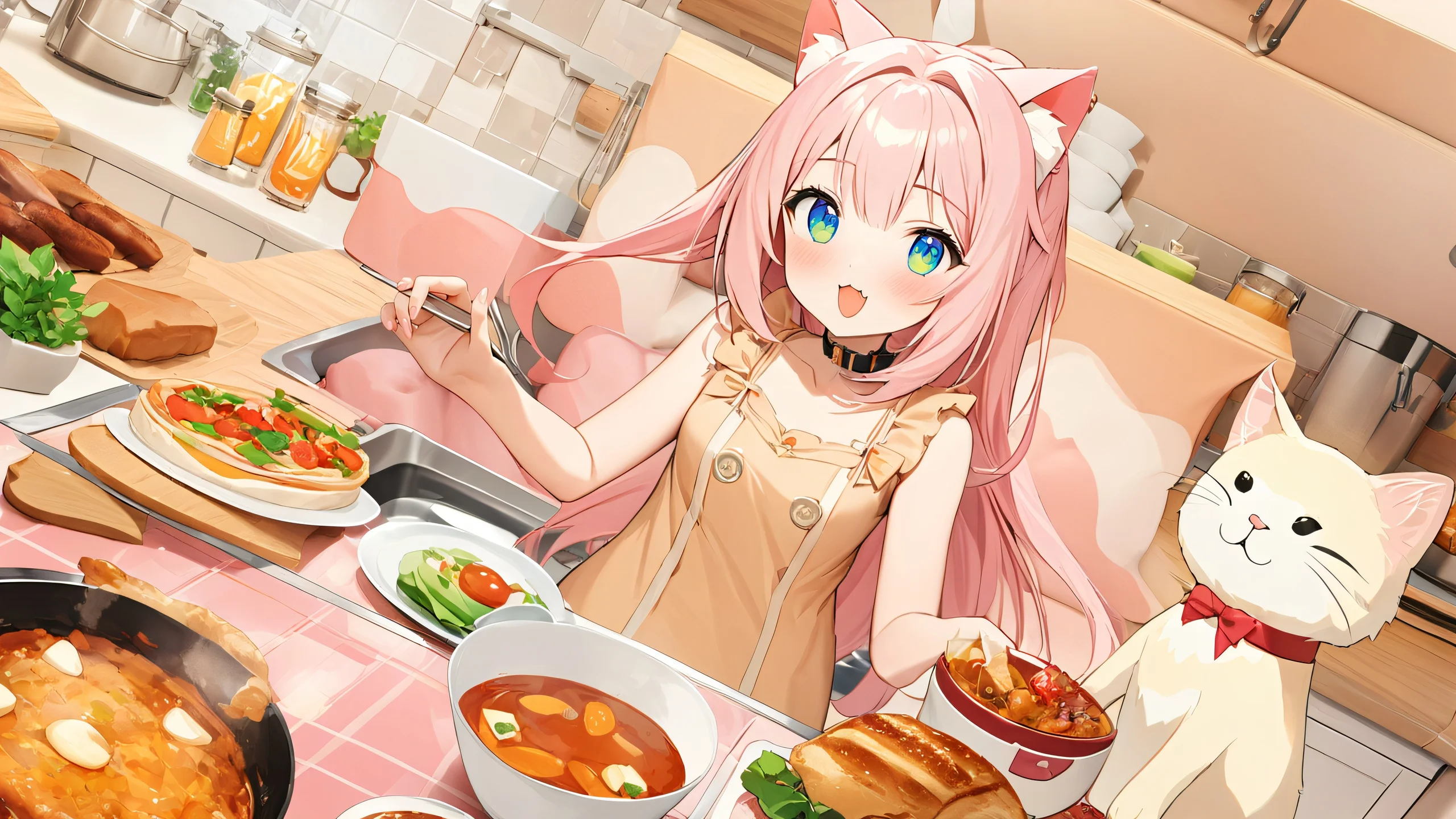 A cartoon cat with pink and beige ears surrounded by kitchen utensils and food, in a soft and playful atmosphere.