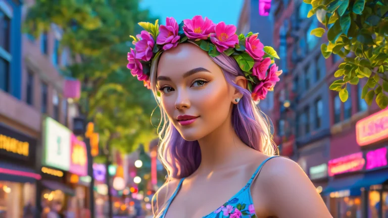 Vibrant city street scene at dusk featuring LeCrue, a beloved street art character, surrounded by lush greenery and bright city lights on a desktop or PC.