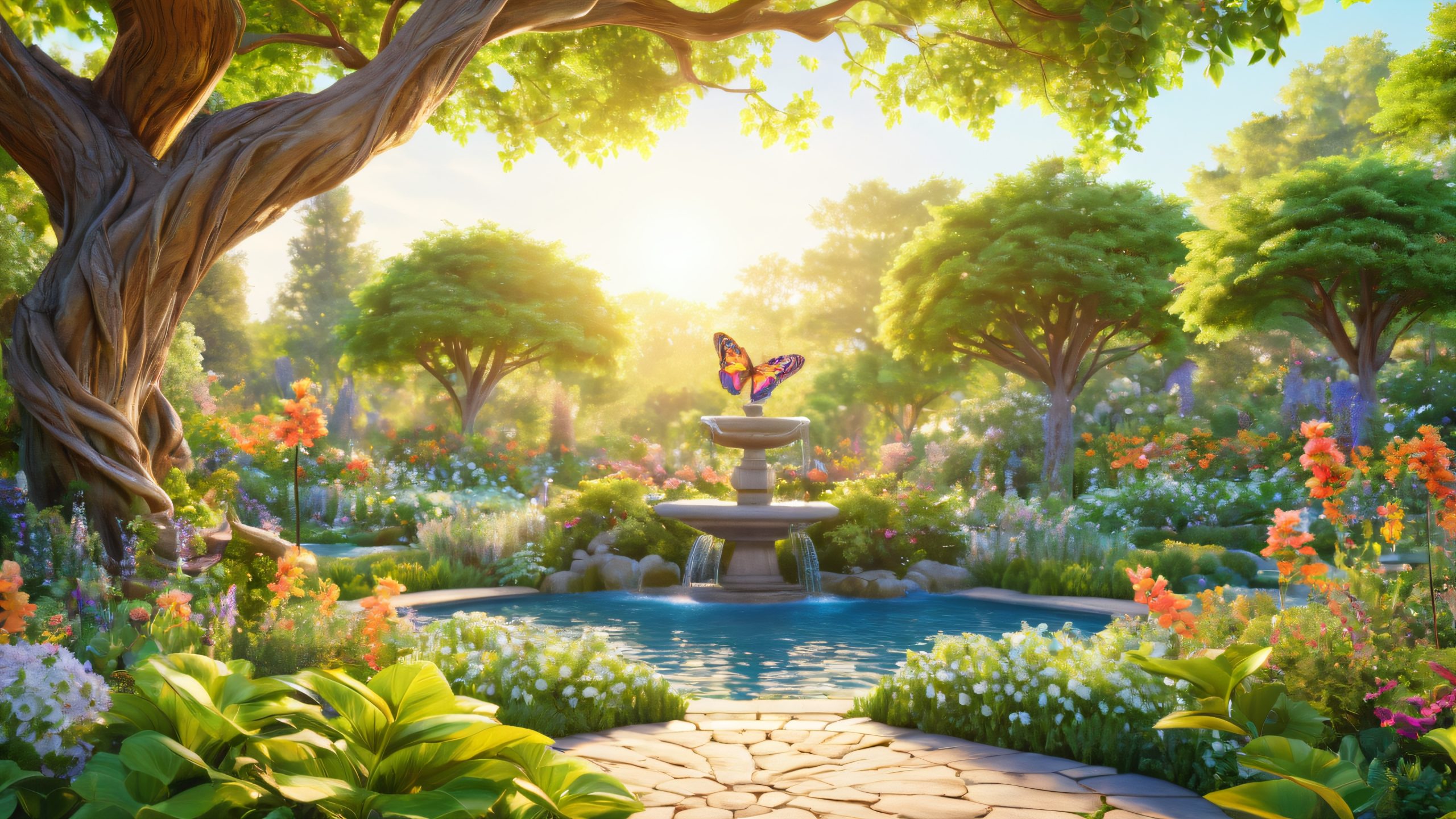 4K Whimsical Magical Oasis Desktop Background A hidden magical garden with lush greenery, blooming flowers, and fluttering butterflies.