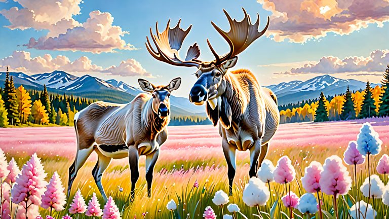 whimsical meadow white moose canada goose wallpaper scaled