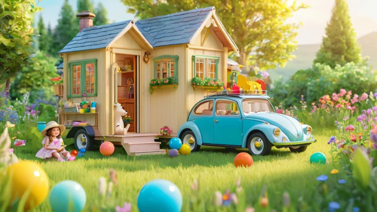 緑豊かな草原で泡やおもちゃで遊ぶ子供たちに囲まれた小さな家を特徴とする穏やかなデスクトップの壁紙. デスクトップ/PCに最適.